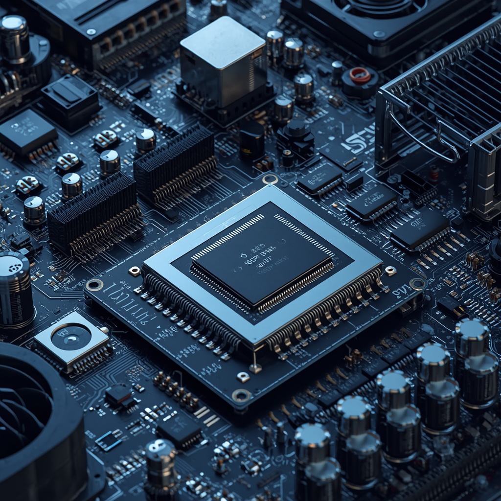 Detailed macro of a circuit board showing surface-mounted electronic components